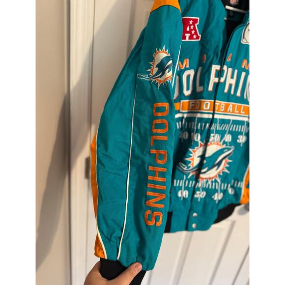 NFL Miami Dolphins Varsity Racing Canvas Oversized Jacket Orange Teal Sz: XL - Picture 2 of 7